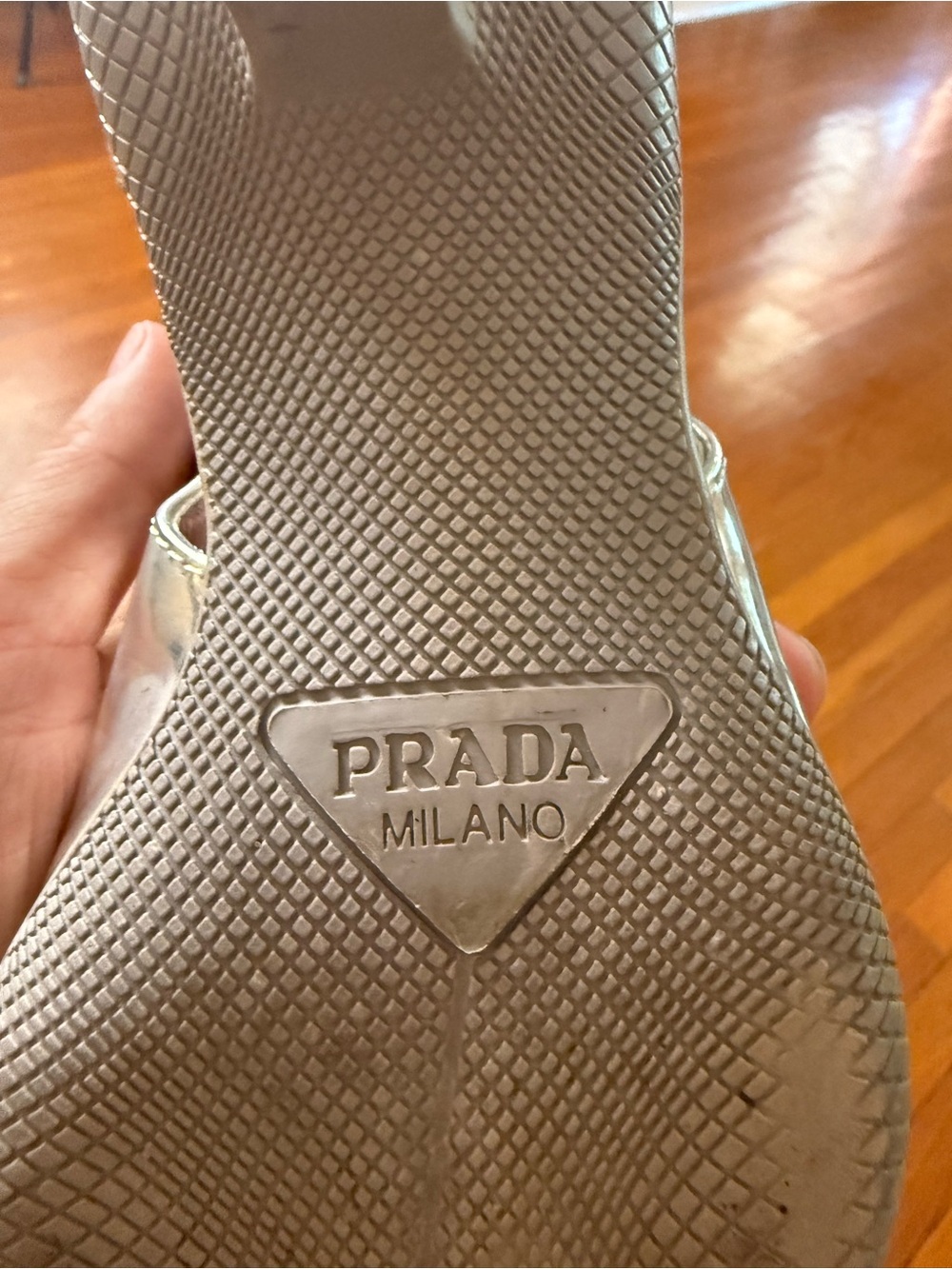 Prada Metallic Silver Pointed Toe Pumps - Mirror Finish, kitten heels - Picture 3 of 5